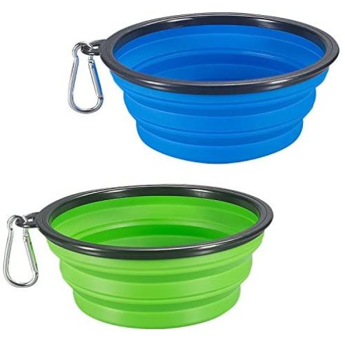 COMSUN 2-Pack Extra Large Size Collapsible Dog Bowl, Food Grade Silicone BPA Free, Foldable Expandable Cup Dish for Pet Cat Food Water Feeding Portable Travel Bowl Blue and Green Free Carabiner