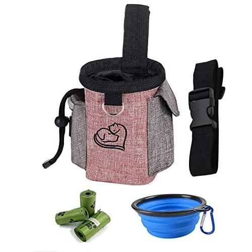 Dog Treat Bag - Training Pouch for Dogs with Collapsible Food Bowl - Pet Training Bag with Adjustable Waist Strap and 3 Rolls Poop Bags - Food Snack Kibble Storage Holder Walking with Dogs