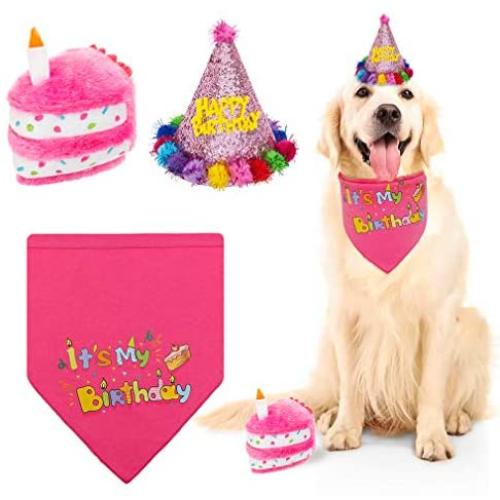 KOOLTAIL Dog Birthday Bandana with Hat&Toy Set - Squeaky Cake Chew Toy Cone Crown Triangle Scarf Pink Style for Dogs Birthday Party Outfit Supplies Suitable for Small Medium Dog Puppy