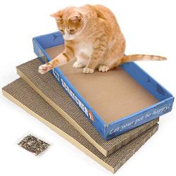 PrimePets 3Pack Cat Scratcher Pads, Wide Recycle Corrugated Cat Scratching Pad, Reversible Cat Scratcher Cardboard Lounge Sofa Bed Replacement with Box, 100% Organic Catnip Included