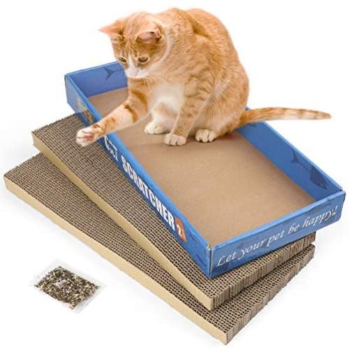 PrimePets 3Pack Cat Scratcher Pads, Wide Recycle Corrugated Cat Scratching Pad, Reversible Cat Scratcher Cardboard Lounge Sofa Bed Replacement with Box, 100% Organic Catnip Included