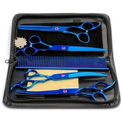 Besmall 7.0inch Titanium Professional Pet Grooming Scissors Set,Straight Thinning Curved Scissors 4pcs Set for Dog Grooming with Comb and Clean Cloth