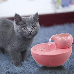 THMY Ceramic Cat Drinking Water Fountain, 1.3 Liters Pet Water Fountains for Cats and Dogs, Electric Pet Water Dispenser with Quiet Pump - Pink Lotus Style