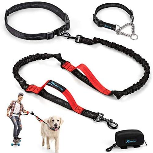 PuppyDoggy Hands Free Dog Leash for Large Medium Dogs Dual-Handle Bungee Reflective Stitching Leash with Waist Belt & Chain Martingale Dog Collar & Poop Bag Dispenser for Running Walking Hiking