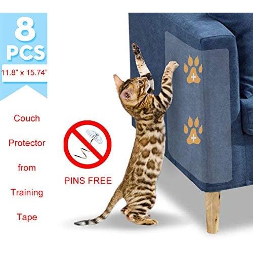 MBIO Cat Scratch Deterrent Tape，Furniture Protectors from Cats ，Pet Scratch for Couch Furniture Protector, Clear Double Sided Training Tape，No Pins-Desidue Free. 8 Pack