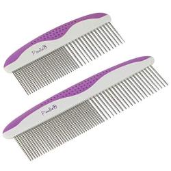 Poodle Pet Dog Combs for Grooming | 2 Pack | Stainless Steel Teeth Easily Remove Dirt | Proper Care Prevents Knots and Mats for Long and Short Haired Pets |Anti-Slip Comfort Grip Handle| Purple