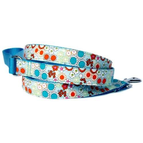 Flower print dog leash : Retro turquoise blue & orange floral print cotton 100% fabric & nylon back and handle ribbon pet leash for puppy, toy dog, teacup dog & small dog Hand crafted & made in the U.S.A. 5/8 inch, 6ft.