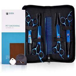 EVEN Professional Dog Grooming Scissors Set for Cats and Dogs-9CR Coated Steel, Safety Kit- Straight and Thinning Shears, Curved Up Shears , Metal Pet Comb, Scissor Sharpener and Case-Pet Fur Care