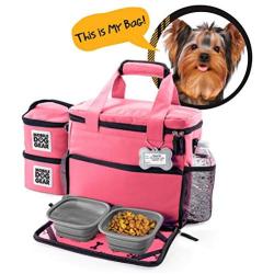 Mobile Dog Gear, Week Away Dog Travel Bag for Small Dogs, Includes Lined Food Carriers and 2 Collapsible Dog Bowl, Pink