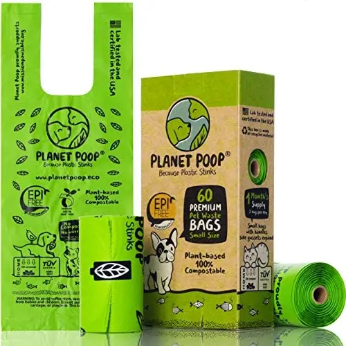 Compostable Dog Poop Bag, Small Size Pet Waste Bags with Handles for Small Dog Breeds. Biodegradable Poop Bags for Dogs, Unscented, Plant-Based. Highest ASTM D6400. (60 Count / 4 Refill Rolls)