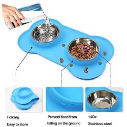 Linifar Double Dog Bowl, 14 oz Stainless Steel Dog Food and Water Bowl Food Scoop Pet Feeder Dish with Non Spill Skied Silicone Mat for Puppy Cats Small Medium Dogs