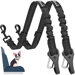 SlowTon 2 Pack Dog Seat Belt, 2 in 1 Attachment, Hook Latch Bar or Seatbelt Buckle with Elastic Nylon Bungee Buffer Adjustable Reflective Nylon Safety Belt Tether Connect to Dog Harness