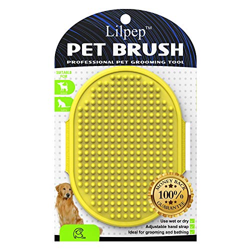 Dog grooming Shampoo brush, Lilpep pet bath comb brush, which helps to soothe massage, rubber comb, adjustable ring handle, suitable for pet cats and dogs (yellow)