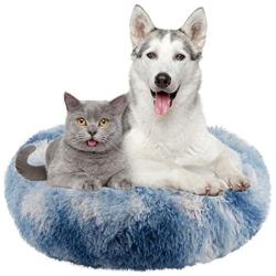 Dog Beds, Donut Fluffy Dense Plush Pet Calming Round Bed Deep Cuddler Cat Dog Puppy Sleeping Cushion Pet Beds with Non-Slip Bottom (M(23.6x23.6), Tie-dye Royal Blue)