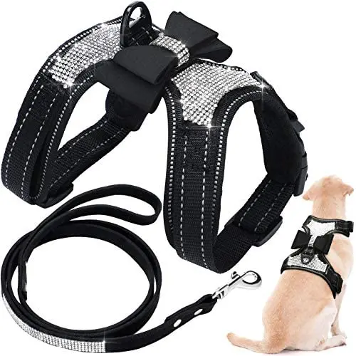 Rhinestone Bling Dog Harness and Pet Leash Reflective Bling Dog Vest with Bow Tie Adjustable Pet Rhinestone Harness for Small Dogs Walking Party Wedding (Black) Rhinestone Bling Dog Harness and Pet Leash Reflective Bling Dog Vest with Bow Tie Adjustable Pet Rhinestone Harness for Small Dogs Walking Party Wedding (Black)