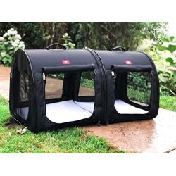 One for Pets Portable 2-in-1 Double Pet Kennel/Shelter, Fabric, Black/Royal Blue 20''x20''x39'' - Car Seat-Belt Fixture Included