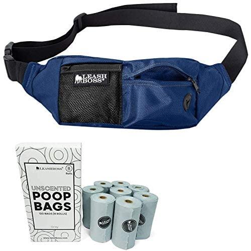Leashboss PackUp Pouch Dog Treat Training Fanny Pack (Navy) with 120 Bags, 8 Rolls Unscented Leak Proof Gray Poop Bags