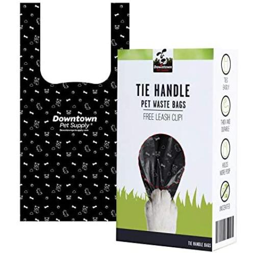 Dog Cat Tie Handle Pet Waste Bags, Doggie Poop Bags Dogs - Includes Bag Holder Black and Blue Color - 6.5'' x 14.5''