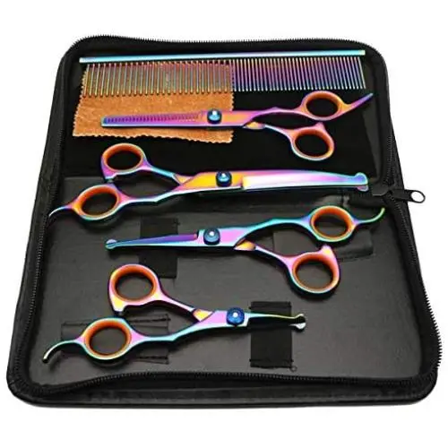 Winkeyes 5Pcs Pet Grooming Scissors Dog Cat Grooming Scissors Set 4CR Stainless Steel with Safety Round Tip, Heavy Duty Titanium Coated Grooming Scissors Kit, Thinning, Straight, Curved Shears Comb Winkeyes 5Pcs Pet Grooming Scissors Dog Cat Grooming Scissors Set 4CR Stainless Steel with Safety Round Tip, Heavy Duty Titanium Coated Grooming Scissors Kit, Thinning, Straight, Curved Shears Comb