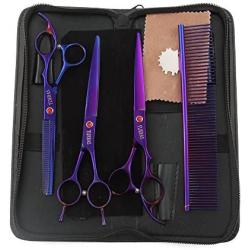 TIJERAS7/8'' Pet Dog Grooming Thinning Scissors Kit Cat Dog Grooming Shears Japanese 440C Blade Trimmers Blunt Tip Scissor for Groomer -One Set 4 Pcs