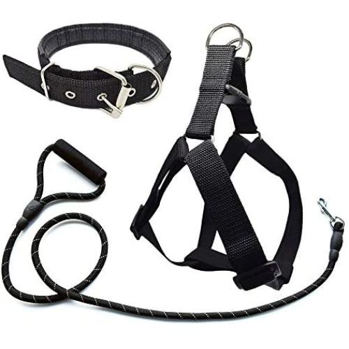 Jmxus 3Pcs Adjustable Step-in Dog Harness and Leash Set with Matching Collar for Medium Large Dogs, 5 FT Durable Reflective Rope Leash with Padded Handle, Comfortable and Easy for Walking Training