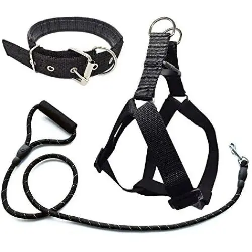 Jmxus 3Pcs Adjustable Step-in Dog Harness and Leash Set with Matching Collar for Medium Large Dogs, 5 FT Durable Reflective Rope Leash with Padded Handle, Comfortable and Easy for Walking Training Jmxus 3Pcs Adjustable Step-in Dog Harness and Leash Set with Matching Collar for Medium Large Dogs, 5 FT Durable Reflective Rope Leash with Padded Handle, Comfortable and Easy for Walking Training