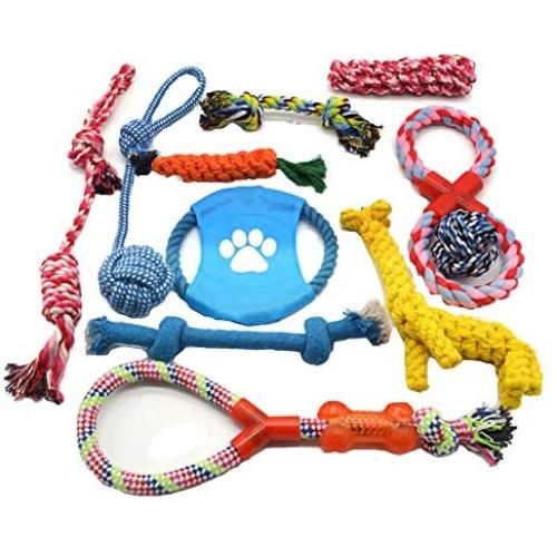 Flowersea998 Dog Rope Toys,Durable Cotton Pets Puppy Chew Dog Rope Toy Assortment for S M L Breeds Playing Playtime Teeth Cleaning Training Tug-of-War Balls Dog Bones Birthday Set of 11