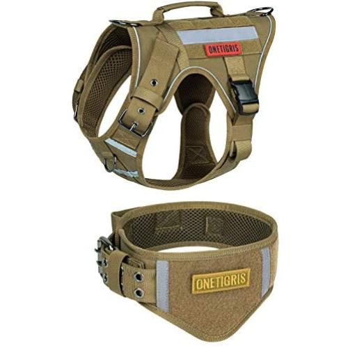 OneTigris Tactical Dog Harness and Collar Set, No Pulling Adjustable Pet Harness Reflective K9 Training Vest Military Service Dog Harness Easy Control for Medium Large Dogs(Coyote Brown,M)