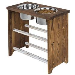 MyGift 15 Inch Tall Dark Brown Burnt Wood Large Pet Dog Raised Feeder Stand with 2 Stainless Steel Bowls