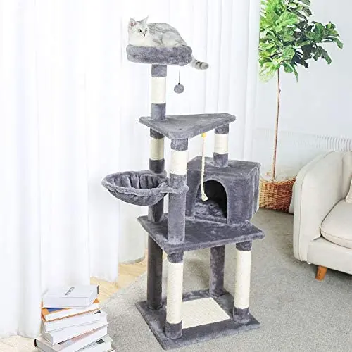 Xinyu 53 Inches Cat Tree Cat Condo with an Extra-Large Scratching Pad, Basket(Supported by Two Posts) Grey Xinyu 53 Inches Cat Tree Cat Condo with an Extra-Large Scratching Pad, Basket(Supported by Two Posts) Grey