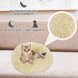 Bathonly Calming Anti-Anxiety Pet Bed, Puppy Bed Faux Fur Cuddler, Donut Bed for Mini and Small Dogs and Cats up to 8 pounds, Tan 15.7''