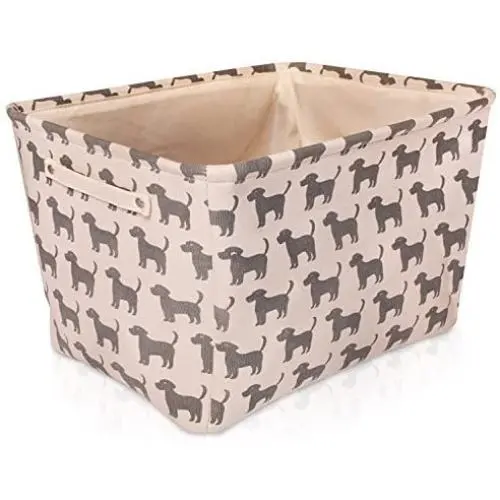White Dog Canvas Storage Basket Box for Household Items or Toys - with Gray Dog Pattern. 16.5in x 12.5in x 7.5in