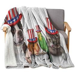 Fourth of July Blankets and Throws 50'' x 60'', Cute Pet Animal Dog Cat Bird and Hamster with American Hat Celebration Image Custom Blanket - Multicolor