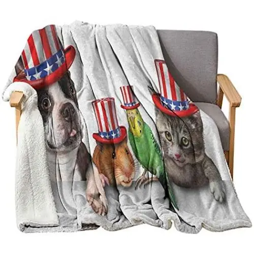 Fourth of July Blankets and Throws 50'' x 60'', Cute Pet Animal Dog Cat Bird and Hamster with American Hat Celebration Image Custom Blanket - Multicolor Fourth of July Blankets and Throws 50'' x 60'', Cute Pet Animal Dog Cat Bird and Hamster with American Hat Celebration Image Custom Blanket - Multicolor