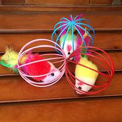 ocijf179 6.5cm Ball Cage Inner Mouse Cat Kitten Feather Playing Game Toy Pet Supplies - Random Color