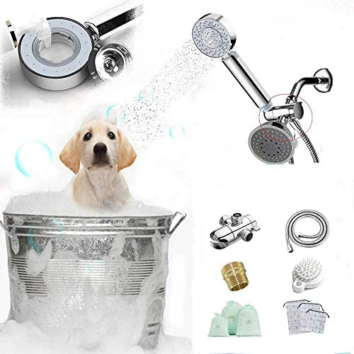 AMEMEWA Pet Shower Sprayer Attachment Set, Automatic Bubble Sprayer Sink Hose Dog Bath Baby Shower with Massager Brush Adaptor 100 inch Hose