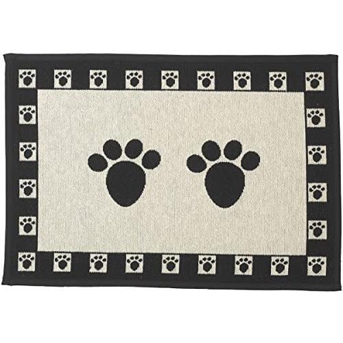 PetRageous 10209 Paws Tapestry Dog Non-Skid Machine Washable Placemat for Pet Feeding Stations with Rubber Backing 13-Inch by 19-Inch for Dogs and Cats, Black and Natural