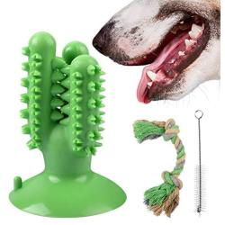 MyfatBOSS Dog Toothbrush Chew Toys, Cactus Shaped Puppy Dog Teeth Cleaning Stick with Rubber Suction Cup, Interactive Dental Toothbrush Cleaning Toys, with Dog Rope Toy & Little Cleaning Brush