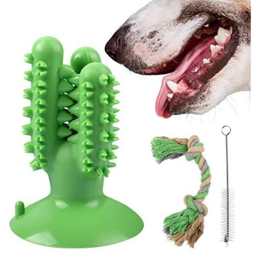 MyfatBOSS Dog Toothbrush Chew Toys, Cactus Shaped Puppy Dog Teeth Cleaning Stick with Rubber Suction Cup, Interactive Dental Toothbrush Cleaning Toys, with Dog Rope Toy & Little Cleaning Brush