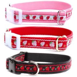 Strawberry dog collar : Strawberry with scallop edge cotton ribbon on durable and flexible nylon pet collar. Color choice from the top, (Pink, Red or Black) for small dog collar to large dog collar. Matching dog leash and step in dog harness are available