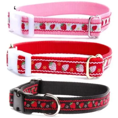 Strawberry dog collar : Strawberry with scallop edge cotton ribbon on durable and flexible nylon pet collar. Color choice from the top, (Pink, Red or Black) for small dog collar to large dog collar. Matching dog leash and step in dog harness are available