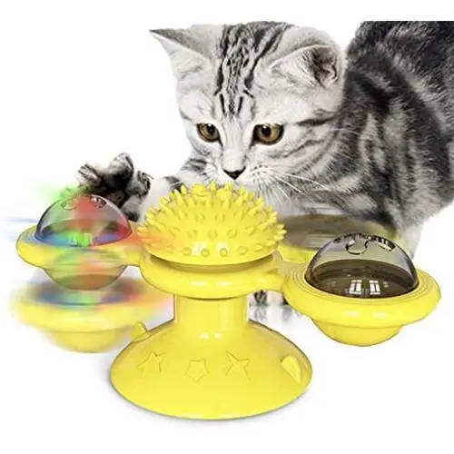 ocijf179 Turntable Pet Cats Puzzle Training Turntable Windmill Ball Teaser Whirling Interactive Toy - Random Color