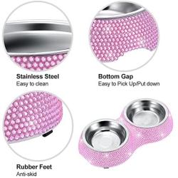 SAVORI Small Cat Bowls Pink, 320ML Handmade Bling Rhinestones Stainless Steel Pet Bowls Removable Double Food Water Feeder for Puppy Cats Dogs