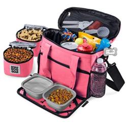 Mobile Dog Gear, Week Away Dog Travel Bag for Small Dogs, Includes Lined Food Carriers and 2 Collapsible Dog Bowl, Pink