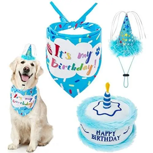 EXPAWLORER Dog Birthday Bandana Set - Cute Hat and Squeaky Cake Toy for Birthday Party Supplies Gift - Great for Small Medium Large Dogs EXPAWLORER Dog Birthday Bandana Set - Cute Hat and Squeaky Cake Toy for Birthday Party Supplies Gift - Great for Small Medium Large Dogs