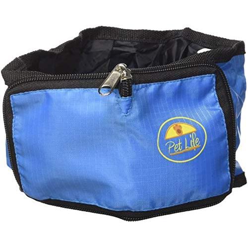 PET LIFE Wallet Folding Waterproof Zippered Collapsible Folding Travel Pet Dog Cat Bowl Feeder Waterer, One Size, Blue