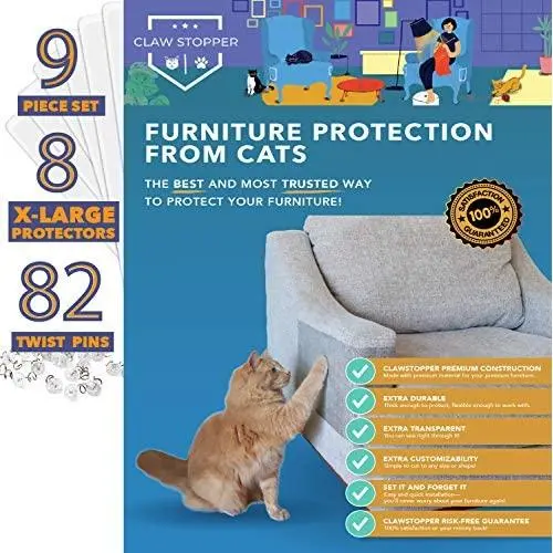 Claw Stopper (9 Piece Set) Cat Furniture Protection Kit - Includes 8 X-Large Scratch Guard Sheets and 82 Specialized Pins - Easy to Install, Compatible with Sofas, Chairs and Couches - Pet-Safe Vinyl Claw Stopper (9 Piece Set) Cat Furniture Protection Kit - Includes 8 X-Large Scratch Guard Sheets and 82 Specialized Pins - Easy to Install, Compatible with Sofas, Chairs and Couches - Pet-Safe Vinyl