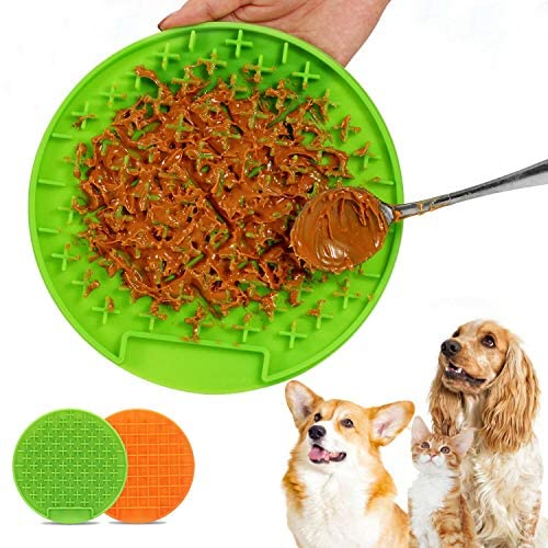 2 Pack Dog Lick Mat,Slow Feeder Cat Dog Bowls,Puzzle Feeder, Licking Mat Puzzle Food Dish,Snuffle Mat for Dogs,Interactive Dog Toys and Feeders Suit for Dogs and Cats(Green and Orange)