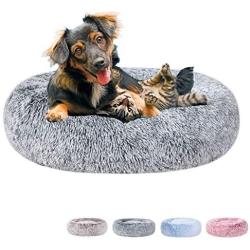 Poohoo Calming Faux Fur Donut Cuddler Dog Bed,Washable Round Cat Bed Pillow Cuddler Gradient Color(23''/30'') for Small Medium Dogs (M 23'', Grey)