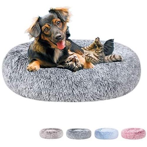 Poohoo Calming Faux Fur Donut Cuddler Dog Bed,Washable Round Cat Bed Pillow Cuddler Gradient Color(23''/30'') for Small Medium Dogs (M 23'', Grey)